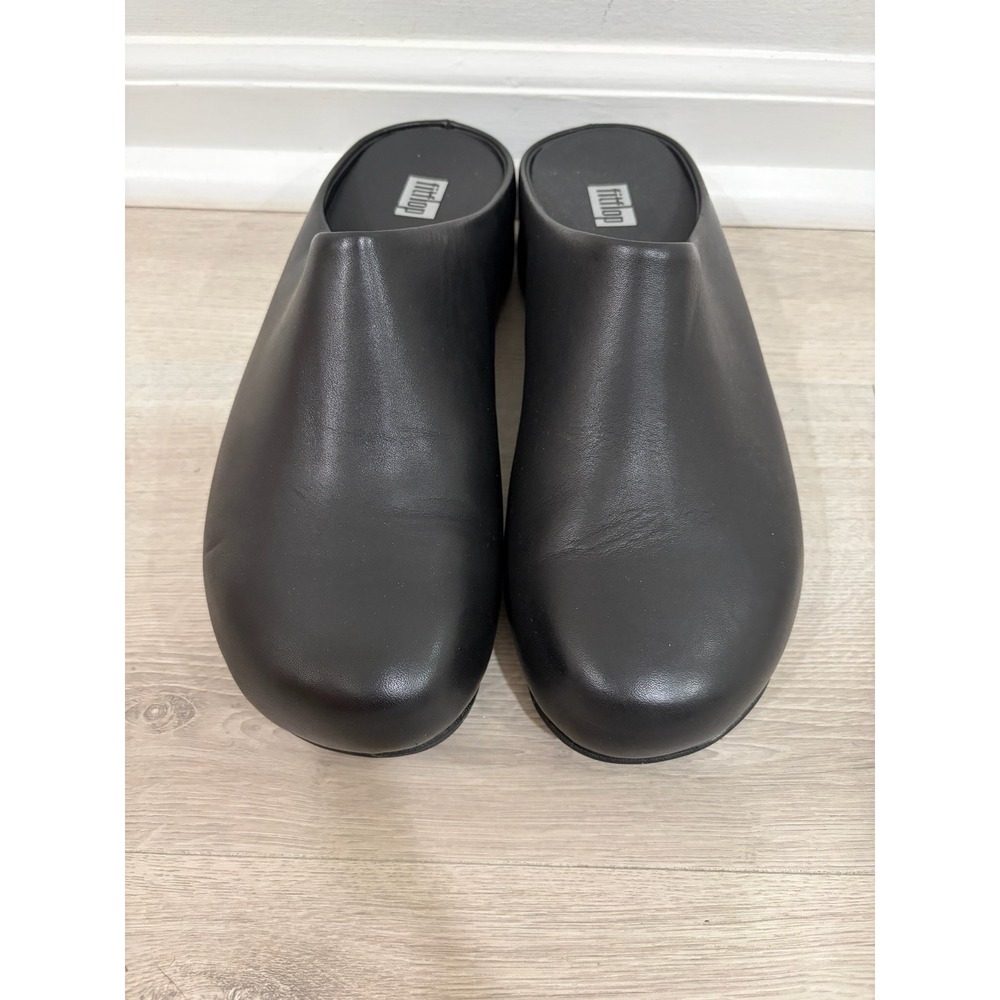 FitFlop Shuv Black Leather Clogs Mules Microwobbleboard Womens 8 Comfort